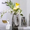 Vaser Fashion Silver Ceramic Decor Vase Nordic Simple Desktop Dried Flower Home Living Room Decoration Accessories Art Art