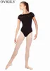 Scenkläder ovigily childrens spets kort ärm balettdansplikare för barn nylon svart gymnastik Leotard Girls Competition Top
