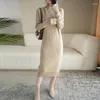 Casual klänningar Kvinnor Half High Neck Mid-Wool Autumn and Winter Bottoming Knee Length Sweater Loose Slim Long Dress