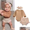 Kleidungssets Goocheer 3PCS Baby Girl Kleidung Set Kleinkind geboren im Herbst Langarm BodySuit Tops Plaid Shorts Stirnband-Outfit 0-24 m Drodhkos