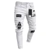 New Men Ripped Destroyed Skinny Pencil Jeans Pants Male Stylish Badge High street Slim Hip Hop Solid Biker Denim Trousers