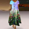 Casual Dresses Women Loose Dress Summer Boho Floral High Low Beach Sundress Plus Size Maxi Long Flowy With Pockets