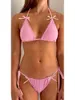 Kvinnors badkläder Combhasaki 2 bit bikini set halter tie upp toppar 3d bågshorts fast färg baddräkt kläder