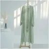 Ethnic Clothing Shiny Kimono Abaya Dubai Solid Soft Satin Fix Rhinestone Tape Trim Belted Cardigan Robe Woman Corban Eid Ramadan 2024 Dhkef