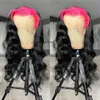 180% densité rose noir mettant en évidence les perruques de cheveux humains 13x4 Body Wave Lace Front Wig Hd Transparent Lace Synthetic préparé