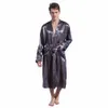 Graue Herren Roben Seide Satin Pyjama Nachtwege Langes Roben Nachtkleid lose Bademäntel Langarm Pijama Männlich schlafende Robe S-XXL 240329