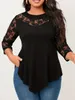 LW Plus Size Womens Casual Autumn Lace Patchwork Solid Color Former Strational Long Sleeve Daily Nice Black T-Shirt 240329