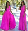 Long Fuschia Prom Robes Fashion Deep V coude côté coulire longueur de plancher moderne filles robes de fête Taille 6231321