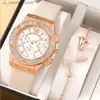 Princadeiras de pulseira Women Diamond Starry Square Dial Bracelet es Set Setties Leather Band Quartz Wrist Relógio feminino zegarek damski240409