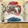 Japanese Tapestry White Cool Wolf Mount Fuji Red Sun Tapestries Ukiyo-e Waves Clouds Bamboo Crane Asian Style Art Wall Blankets
