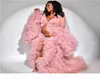 Ruffles Pink Tulle Kimono Women Dress Robe for Poshoot Extra Puffy Sleeves Prom Gowns African Cape Cloak Maternity Dress Pog3716409