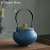 280ml Handmade Azure Color Ceramic Loop-handled Teapot Retro Japanese Style Kung Fu Tea Master Pots Personal Cups Gift Packaging