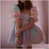 Basic Casual Dresses Dresse Puff Sleeve Tle Tutu Princess Dress Square Collar Mesh Ruffle Bubble Skirt Evening Party Prom Mini Fairy D Dhtrz