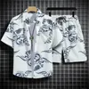 Summer Mens Hawaiian Beach Conjunto de mangas curtas camisa floral shorts de seda de gelo 240321