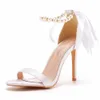 Elbise ayakkabıları kristal kraliçe seksi yüksek topuklu pompalar dişi stiletto ayak bileği kayış sandaletler ipek şerit beyaz kadınlar düğün h240409 iwwi