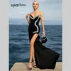 Casual Dresses 2024 Luxury Evening For Women Sexig V Neck High Slit Crystal Design Black Maxi Long Formal Eccesions Party Clown Vestidos