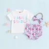 Set di abbigliamento per bambina abbigliamento estivo lettera top top florel shorts fascia da 3 pezzi set da bambino