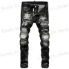 Jeans masculin Strtwear Fashion Men Jeans Retro Black Grey Elastic Slim Fit Hole Ripped Jeans Men Pewered Designer Hip Hop Brand Brand Hombre T240409