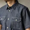 Mäns casual skjortor röd kort ärm denim arbete skjorta retro knäppt slitage blått