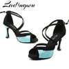 Dance Shoes Ladingwu Latin para mujeres Sandalias de salón de gamuza negra y brillo azul