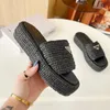 Designer Slippers Triangle Buckle Raffia Straw Espadrille Women Thick bottom Sandals Slip Mules Slides lady Platform Wedges Square Toe Flip Flops Pool Slides 35-42