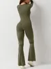 Frauen sexy offener Rücken Jumpsuit Square Neck Solid Farbe Leggings Langarm gerade Bein breit 240409