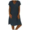 Casual Dresses Summer Midi Dress For Women V-Neck Short Sleeve Knee-Length Ladies Solid Color Beach Holiday Vestidos