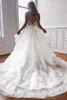 Sexy Open Back Lace Tulle Wedding Dresses A Line Spaghetti Straps Appliques Beads Ruffles Long Tran Bridal Gowns BC3162