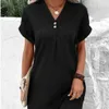 Womens V-neck Solid Color Pullover Comfortable Casual Button Dress