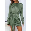 Casual Dresses Women's Satin Dress Long Sleeve Round Neck Elastic Lace Waist Elegant Cocktail Fashion Flash Sale Promotion