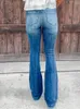 Kvinnors jeans kvinnor sträcker mager flare rippade dam hög midja byxor klocka botten ben vintage streetwear hål mamma kontor byxor