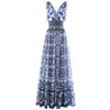 Womens Blue and White Porcelain incluend print temberender v-sikeveless long Womens Valace Style Dress 240403