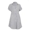 Casual Dresses Women's Dress Autumn Drawstring Mini Party Night Short Sleeve Stripe Print Lapel Shirt Single Breasted Sundress