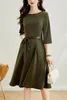 Casual Dresses Coigarssam Women's Summer Dress 2024 Office Lady Korea Style Three Quarter Sleeve Belt Solid O-Neck Army Green