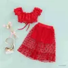 Ensembles de vêtements pour enfants bébé fille 2pcs costume pour tout-petit girn girl ruffle trim drstring plissée à manches courtes + biscuits en maille patchwork 2-7t