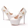 Klänningskor Crystal Queen Fashion Wedding Lace Flowers Bridal High Heels Women Party White Sweety 14cm Pumpar Plus Size H240409 7DFG