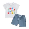 Ensembles de vêtements Baby Girl Summer Shorts Set Letter Flover Imprimez à manches courtes Coute Round Coup avec une tenue de 2pcs