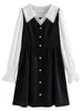 Robes décontractées fsle Col de remin-down Femmes Black White Patchwork Design Helpe-Longue Puff Sleed Female Robe A-Line