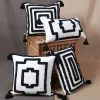 1pc Black Stripe Tufted Throw Pillow Capas, almofadas decorativas marroquinas com borlas para sofá Sofá Quarto