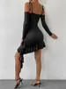 Casual Dresses Sexy Sling Off Shoulder Bodycon Mini Dress Women's Open Back Lace Up Long Sleeve Slim Fit Ruffle Edge Wrap Hip Skirt