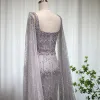 Luxusfedern Dubai formelle Kleider für Frauen Party Bling grau Meerjungfrau Arabisch Abendkleid mit Cape SS279