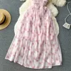 Vestidos casuais moda de verão lase sweet line vestido para feminino com estampa de rosa feminina roupas de malha de chiffon vestidos de mujer l026