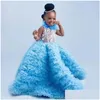 여자 드레스 소녀 feahter 2024 미인 대회 드레스 꽃을위한 꽃 스카이 파란색 아이 주름 파티 생일 가운 포당물 드롭 배달 아기 m dhsig