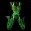Beha's stelt sexy glow in the dark fishnet porno bodysuit vrouwen lingerie open open crotch bodystockings party club lumineuze sekskleding