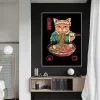 Grappige Japanse Samurai Cat Poster Print Canvas Painting Classic Sushi en Cat Wall Art Pictures for Living Room Home Decoration
