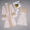 Heimkleidung zweiteilige Kimono Bademantel Kleid Set Nachtwäsche Satin Nachthemd Robe Anzug Frauen Frühlings Sommer Loungewear Spitzen Nachtwäsche Kleid