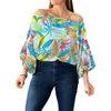 Dames blouses dames zomer top gestreepte afdrukken uit schouderblad patroon lantaarn mouw batwing pullover blouse vrouwelijke kleding