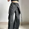 Women's Pants Y2K Long Mid Waist Women Loose Cargo Pant Comfortable Black Solid Color Vintage Relaxed Fit Drawstring With Large Pockets