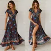 Summer Maxi Dress Women Short Short Casual V Neck Stampa floreale Boho Beach Dress S ~ 5xl Sexy Split Party Robe 240325