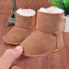 Botas novas e genuínas couro soild gancho loop raso inverno super quente bota de neve fúria menina meninos botas primeiras caminhantes